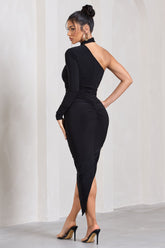 Black Asymmetric One-Sleeved Midi Dress With Scarf